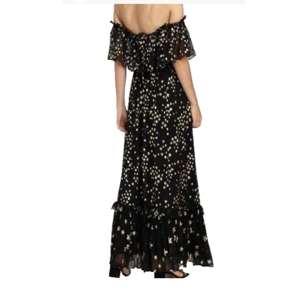 LoveShackFancy Black Silk Gold Metallic Star Maxi Off Shoulder Chiffon Dress 2 - Picture 2 of 16